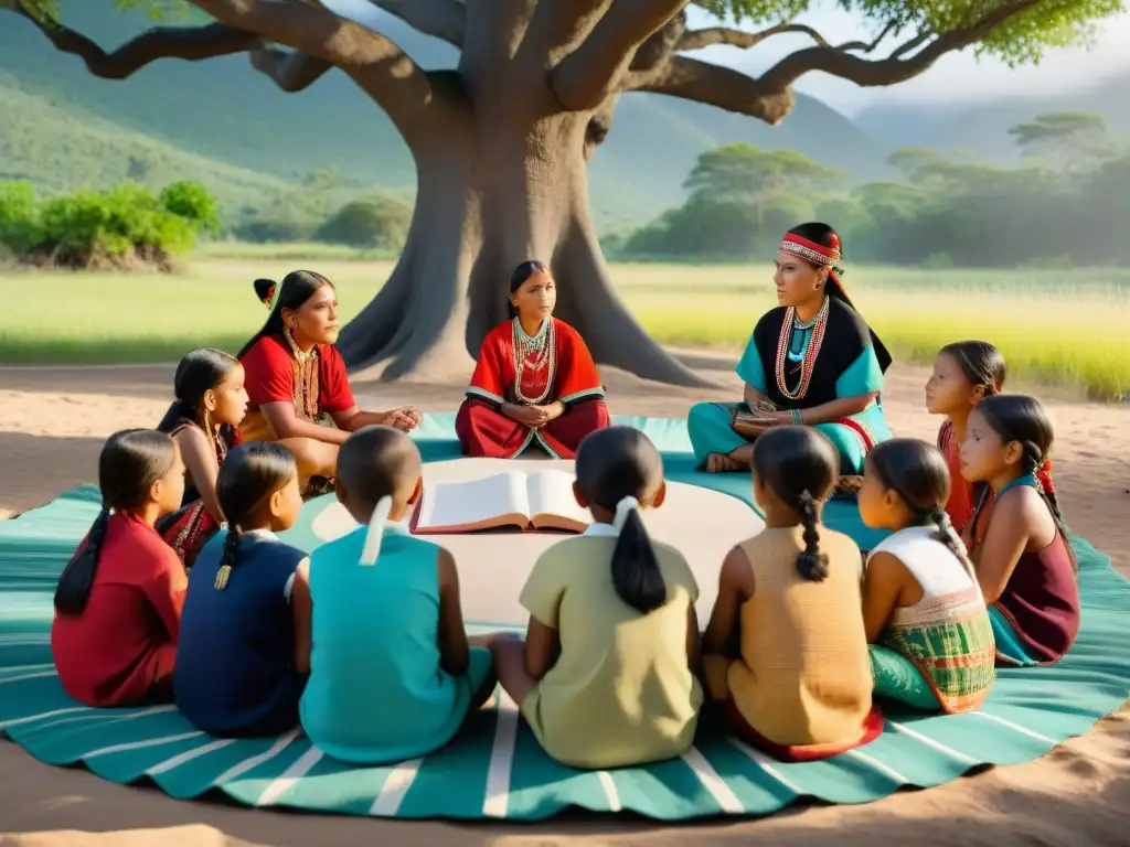 Un anciano indígena enseña a niños bajo un árbol
