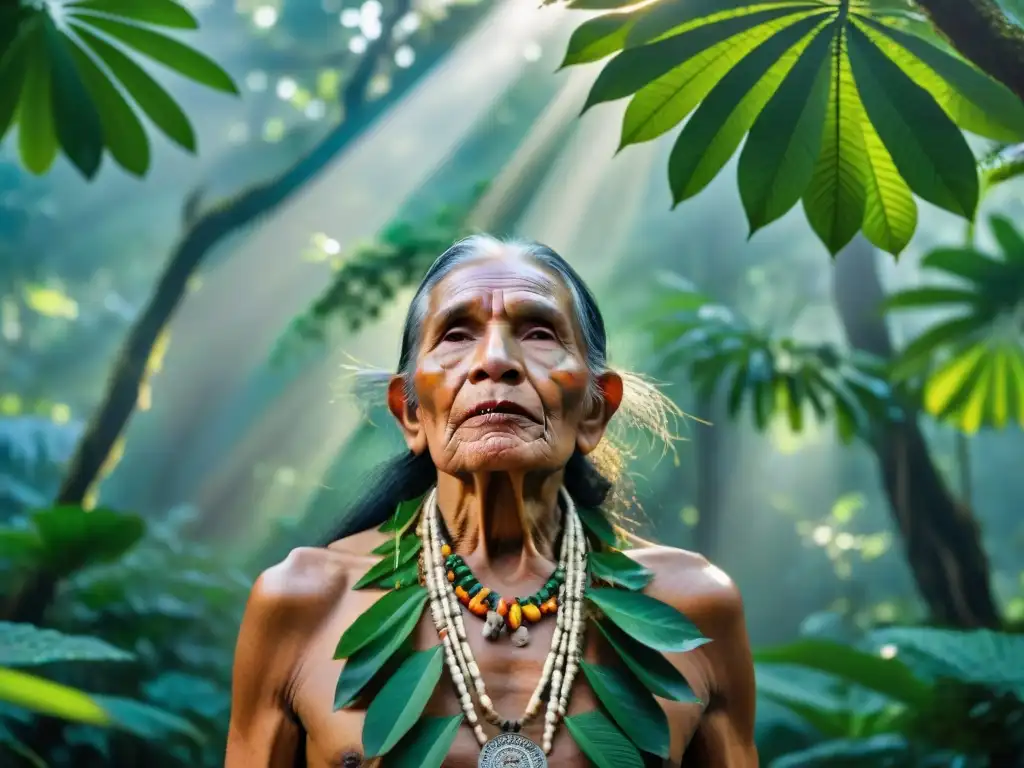 Un anciano indígena erguido en la selva, con rostro sabio y ropas tradicionales