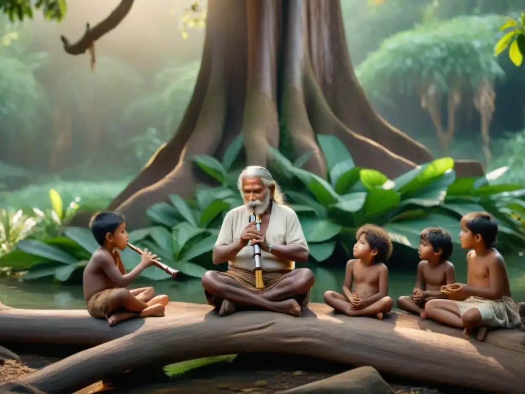 Anciano indígena tocando flauta tradicional bajo árbol centenario, enseñando a niños