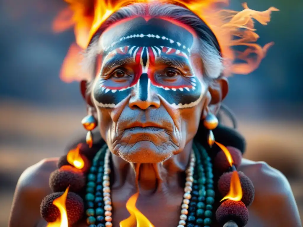 Un anciano indígena frente al fuego sagrado en rituales indígenas, iluminado por las llamas danzantes