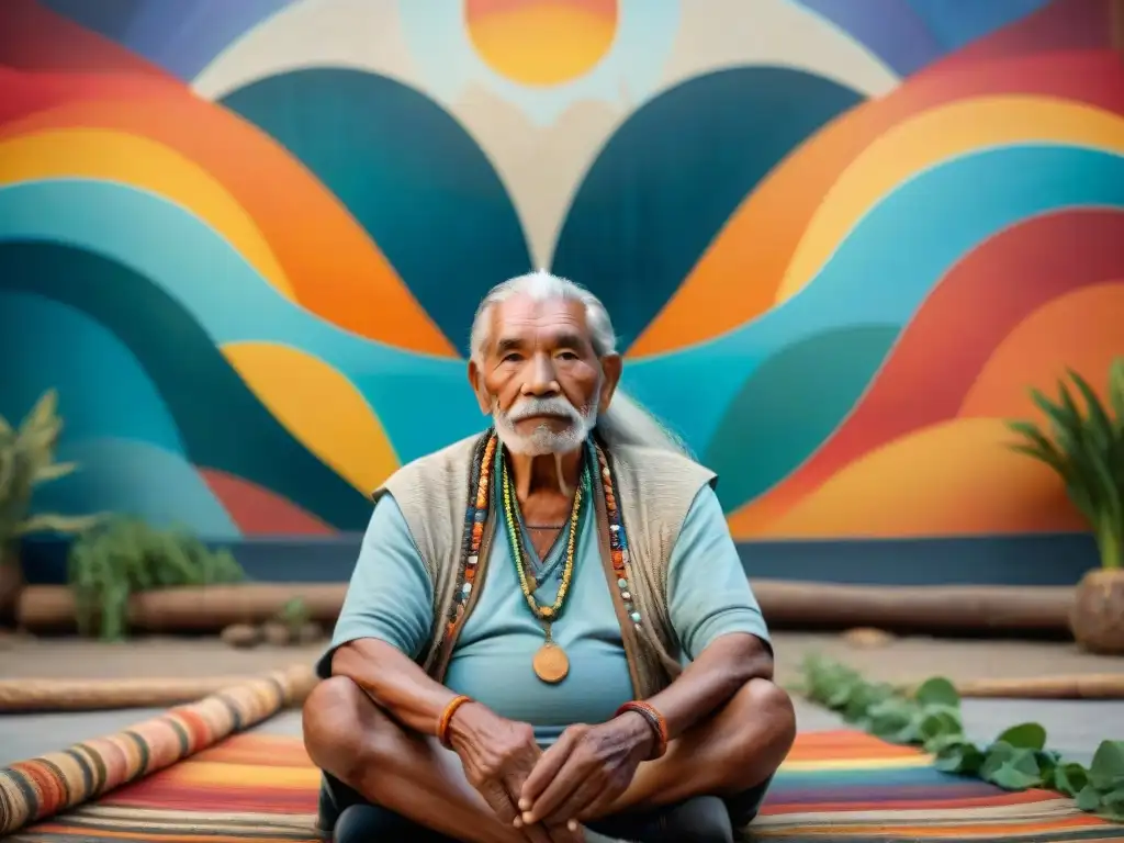 Un anciano indígena frente a un mural vibrante, con sabiduría ancestral
