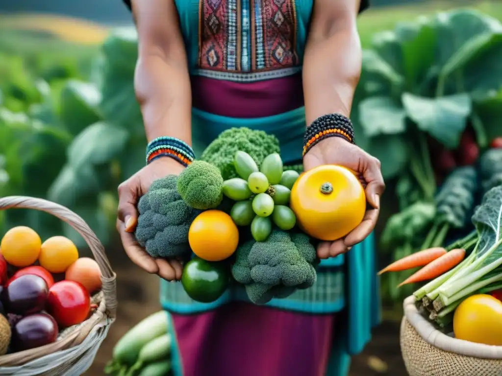 Un anciano indígena sostiene frutas y verduras nativas, destacando la conexión entre Nutrición ancestral pueblos indígenas