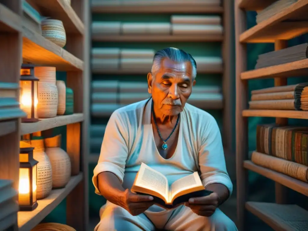 Un anciano indígena en una hamaca rodeado de antiguos textos en lenguas indígenas, iluminado por una lámpara de aceite