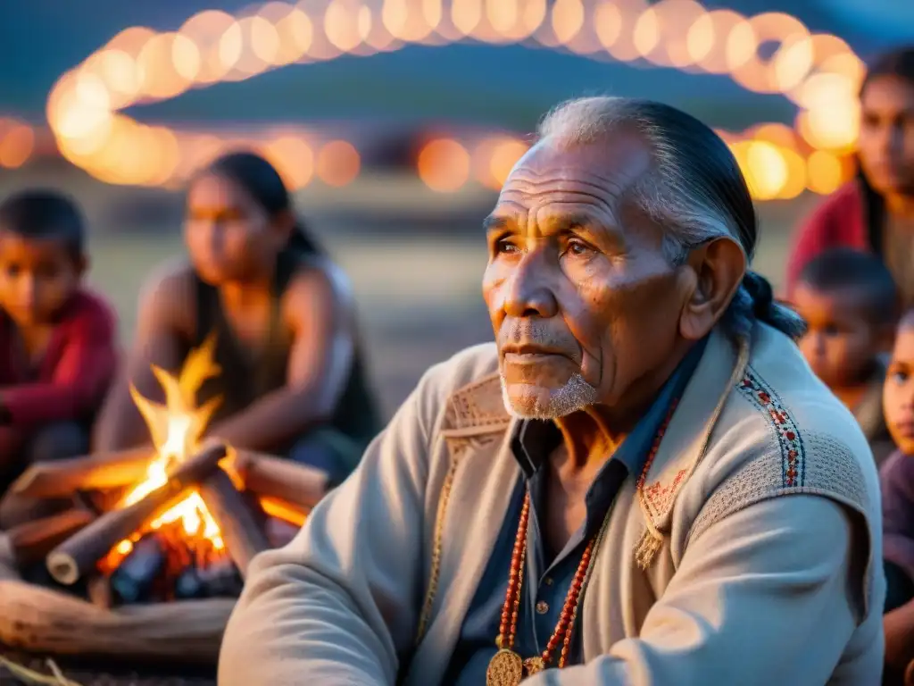 Anciano indígena comparte historia junto al fuego, niños escuchan con admiración