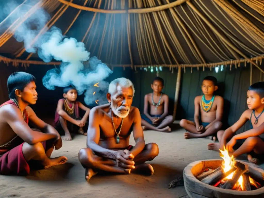 Anciano indígena comparte historia oral con niños en cabaña tradicional