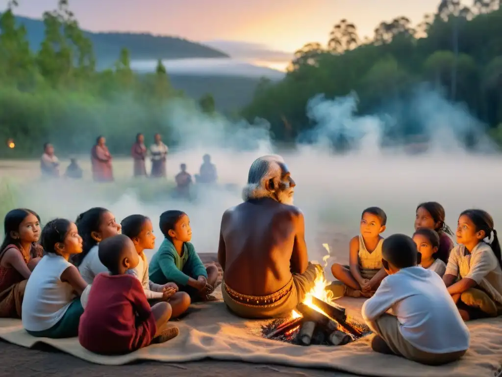 Anciano indígena cuenta historias junto al fuego bajo un cielo estrellado, rodeado de público diverso en la selva