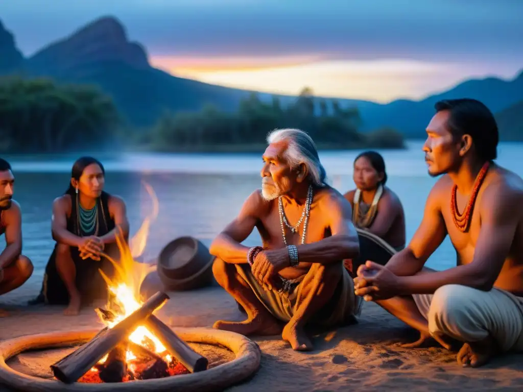 Guardián de historias: sabiduría ancestral junto al fuego Un anciano indígena comparte historias junto a una fogata, rodeado de su comunidad