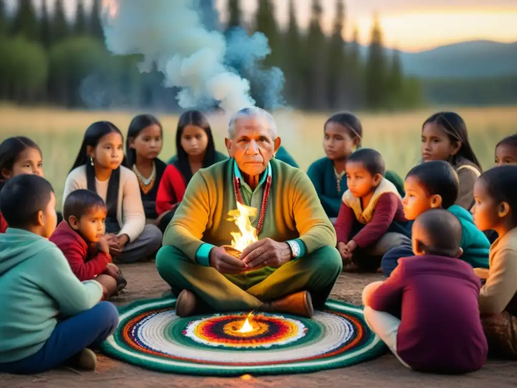 Un anciano indígena relata historias junto a niños en un círculo alrededor del fuego en la selva