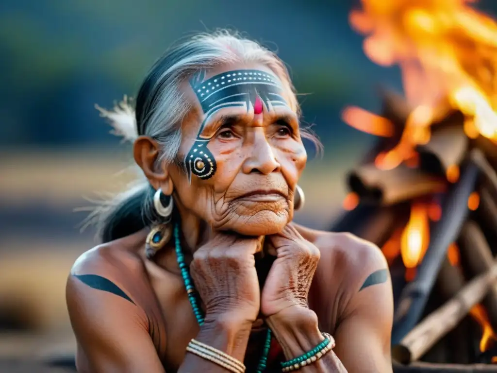 Un anciano indígena comparte historias junto al fuego, reflejando la oralidad indígena resistiendo la globalización