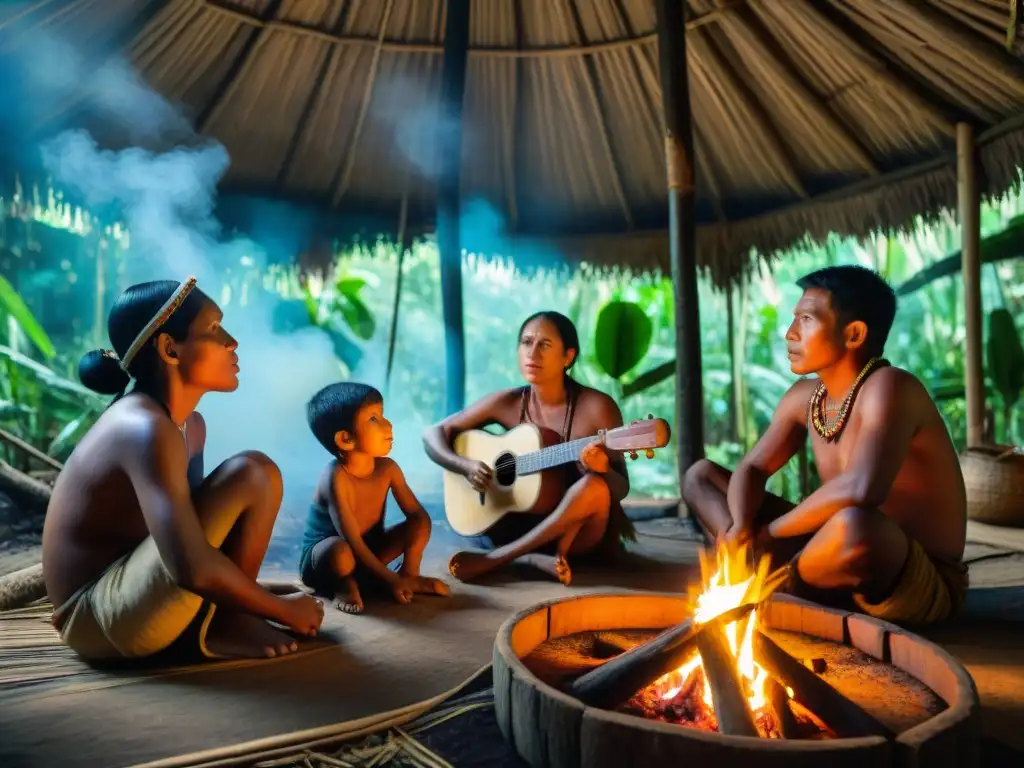 Un anciano indígena narra historias a niños alrededor del fuego en la selva amazónica