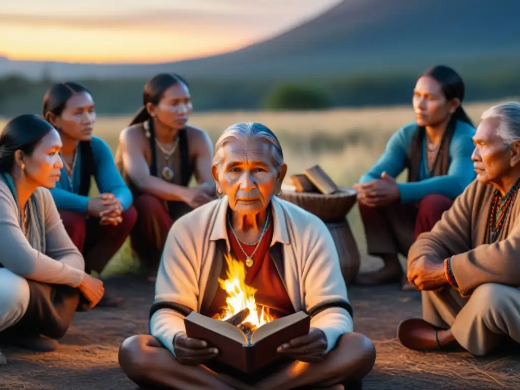 Un anciano indígena comparte historias orales en una fogata, conectando generaciones con la rica literatura indígena