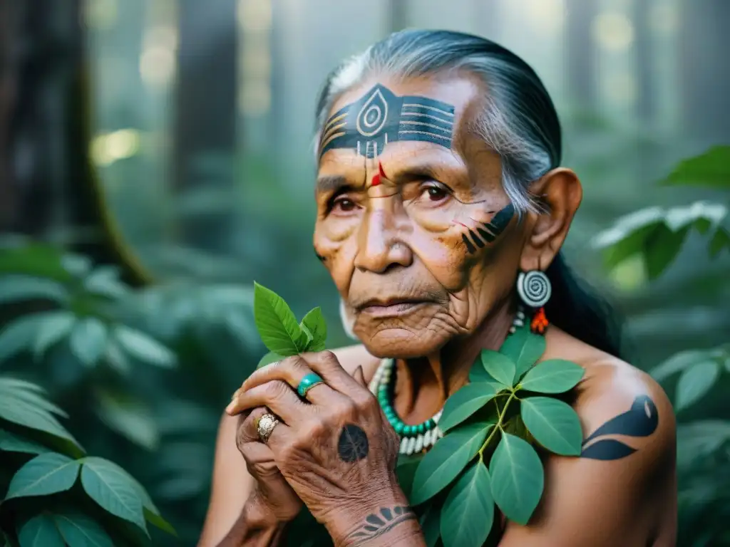 Un anciano indígena selecciona hojas verdes en un bosque exuberante, transmitiendo la preservación del conocimiento de plantas medicinales indígenas