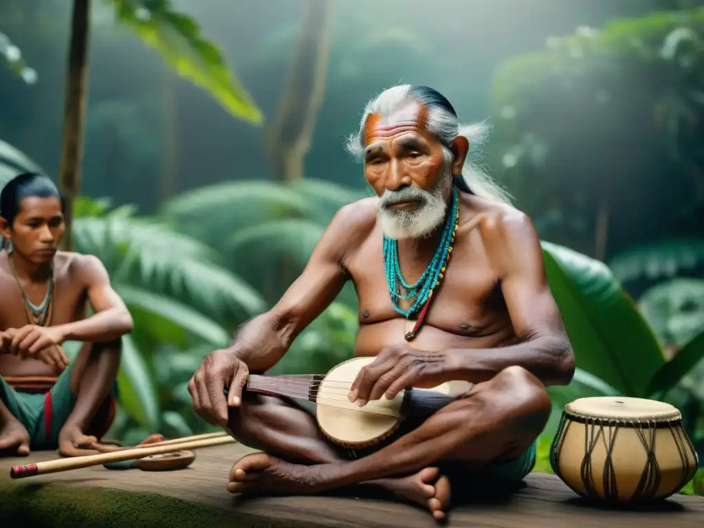 Anciano indígena tocando instrumento tradicional, transmitiendo sabiduría y cultura a niños de su tribu en la selva