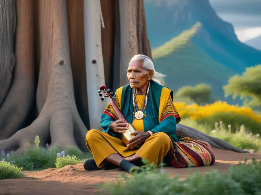 Anciano indígena con instrumento tradicional, rodeado de naturaleza y montañas al atardecer