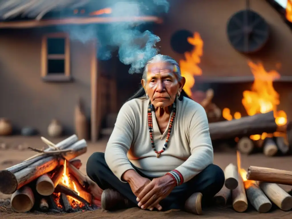 Un anciano indígena junto al fuego, rodeado de artefactos tradicionales