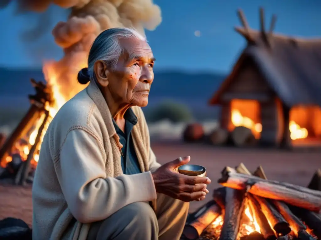 Un anciano indígena, junto al fuego bajo un cielo estrellado, preservando la historia indígena con gestos sabios y ancestrales