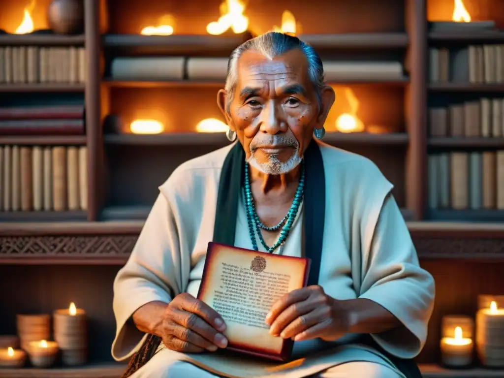 Anciano indígena preservando la lengua ancestral, rodeado de sabiduría en una habitación iluminada por el fuego