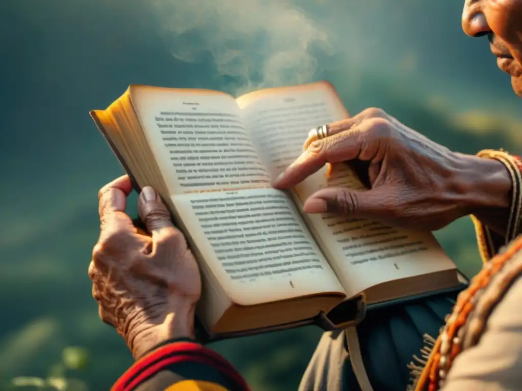 Un anciano indígena hojeando un libro antiguo en un idioma indígena en peligro, mostrando conexión y reverencia cultural