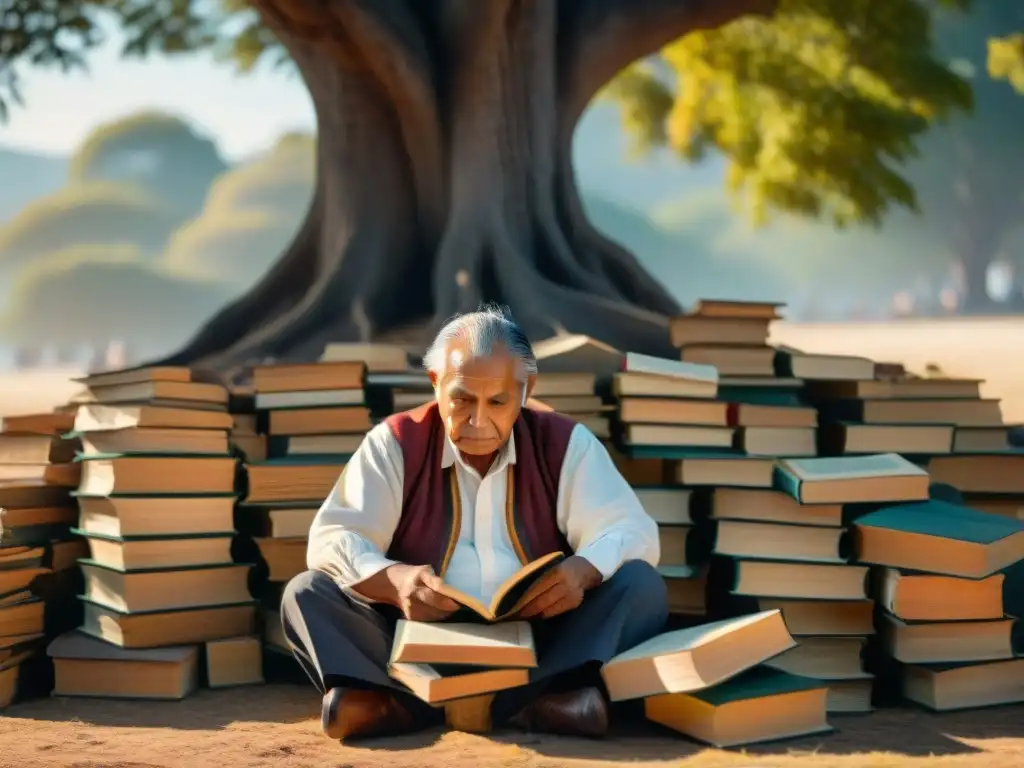 Un anciano indígena lee libros antiguos bajo un árbol, iluminado por el sol