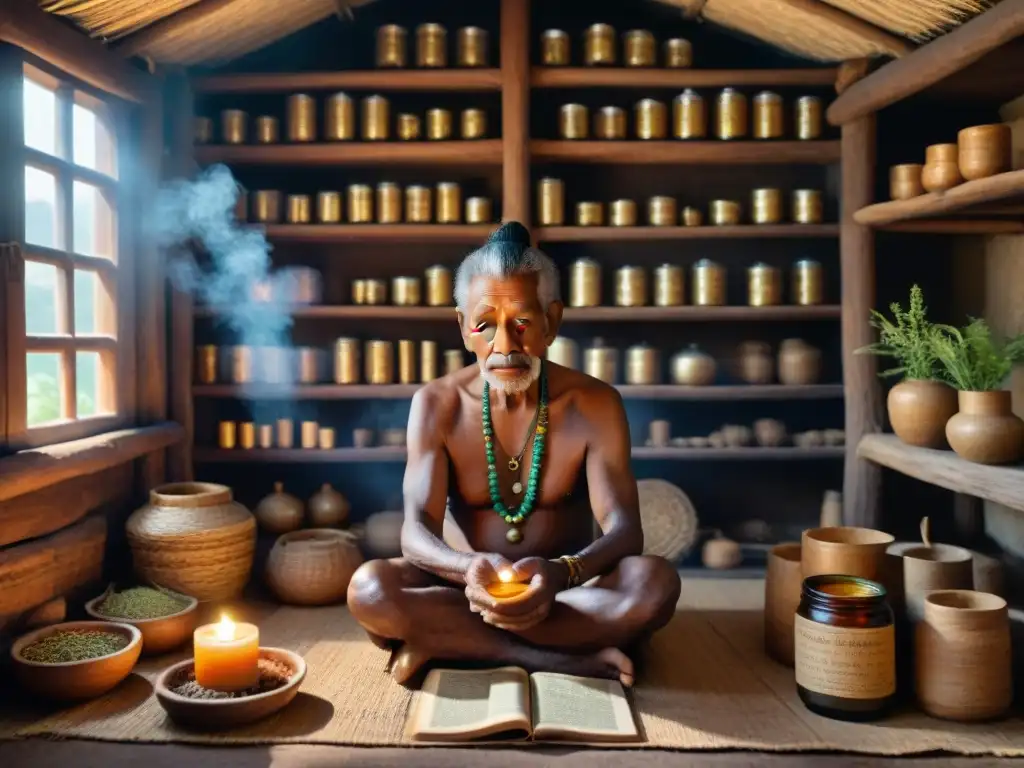 Un anciano indígena preparando medicina tradicional en una choza iluminada por velas