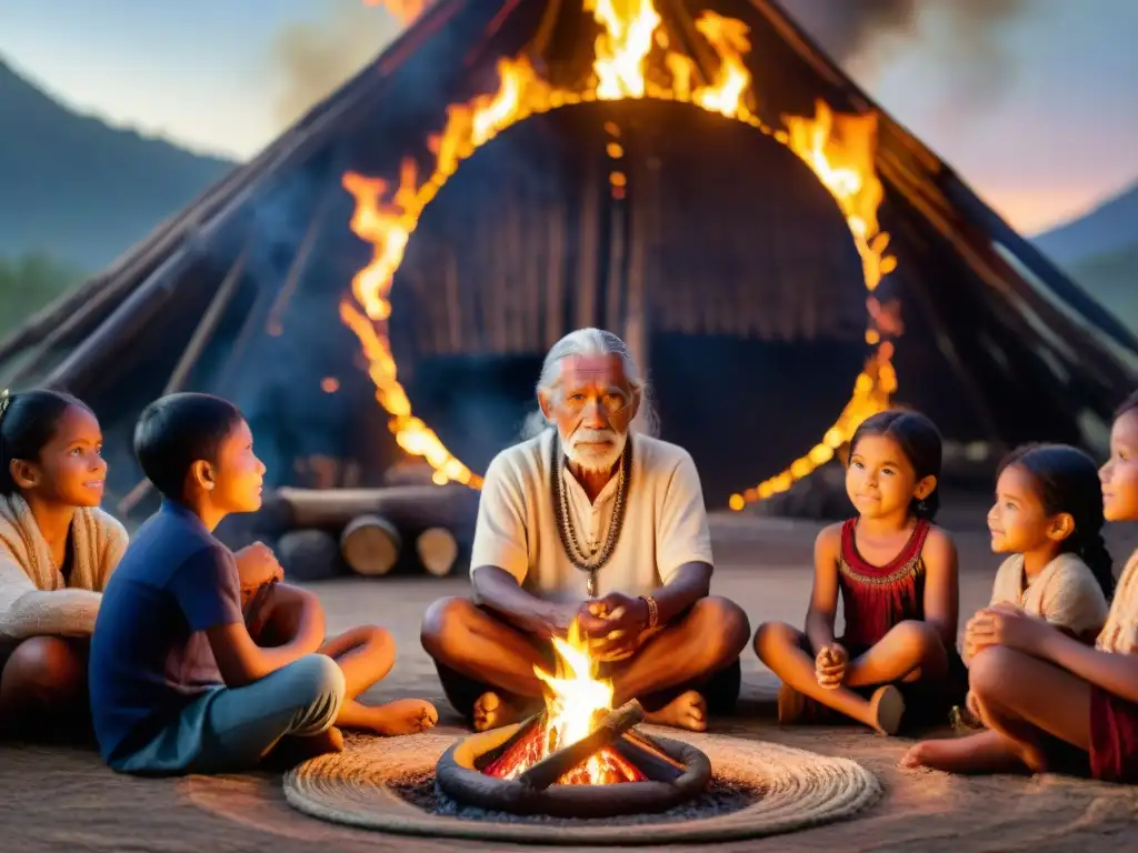 Un anciano indígena comparte una narrativa espiritual con niños de diversas culturas alrededor del fuego