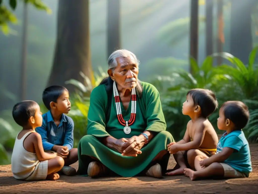 Un anciano indígena transmite sabiduría a niños en un bosque, preservando lenguas indígenas en peligro Américas