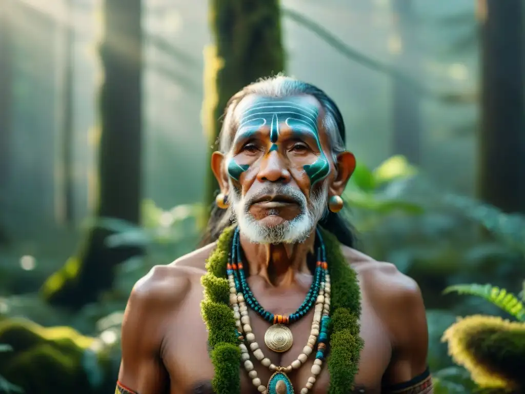 Un anciano indígena con ojos sabios y un bosque antiguo exudando principios espirituales indígenas ecología
