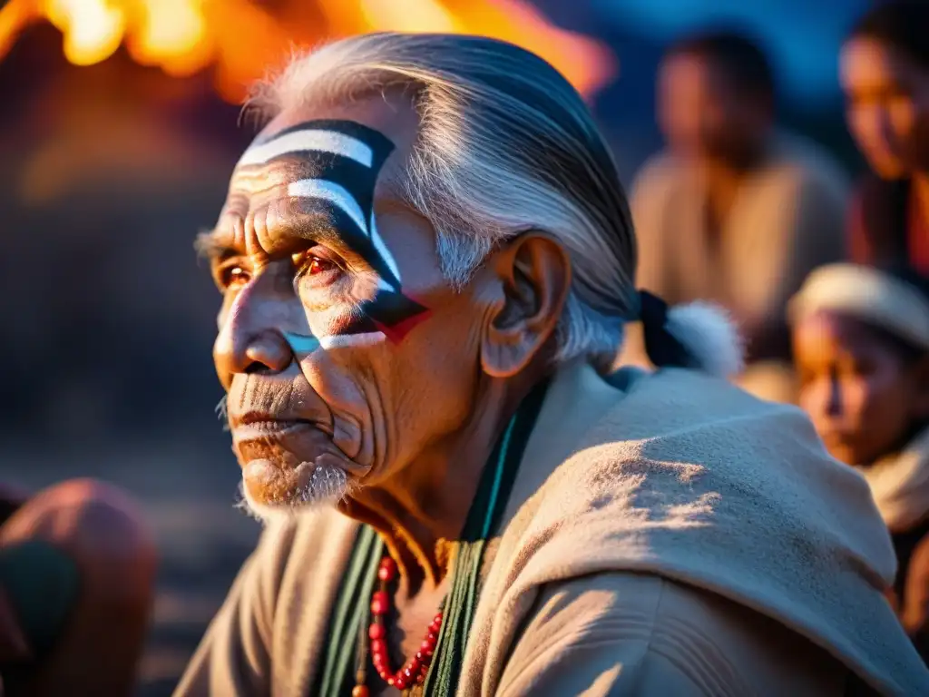 Un anciano indígena con pintura facial detallada, contando una historia junto al fuego bajo un cielo estrellado