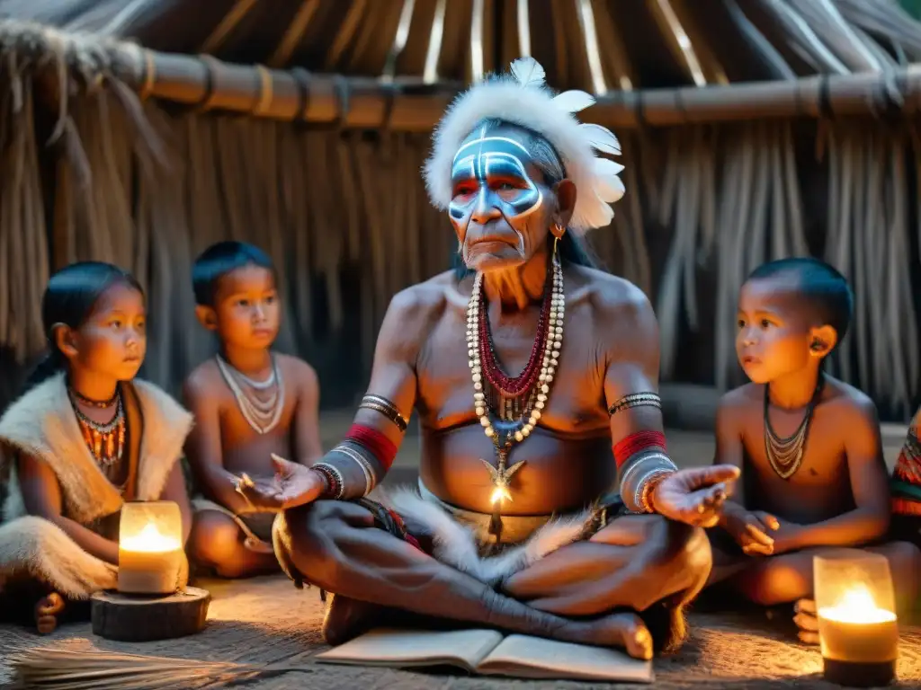 Un anciano chamán indígena, con pintura facial y plumas, relata antiguos cuentos a niños con ilustraciones