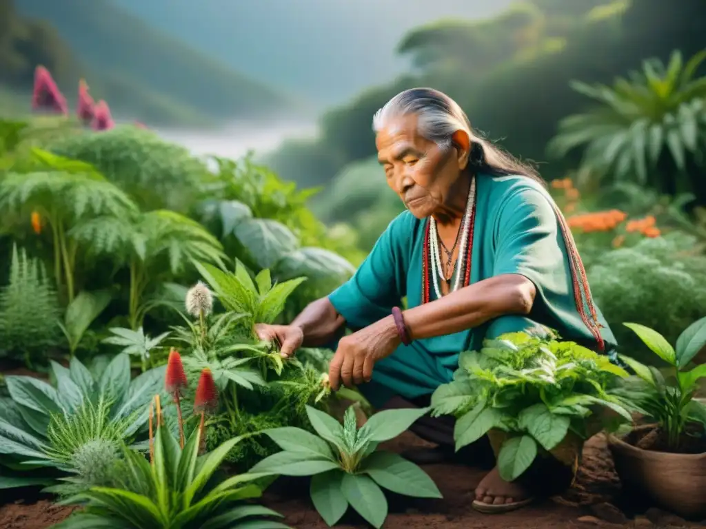 Un anciano indígena cuidando plantas medicinales en un jardín, mostrando sabiduría y conexión con la naturaleza