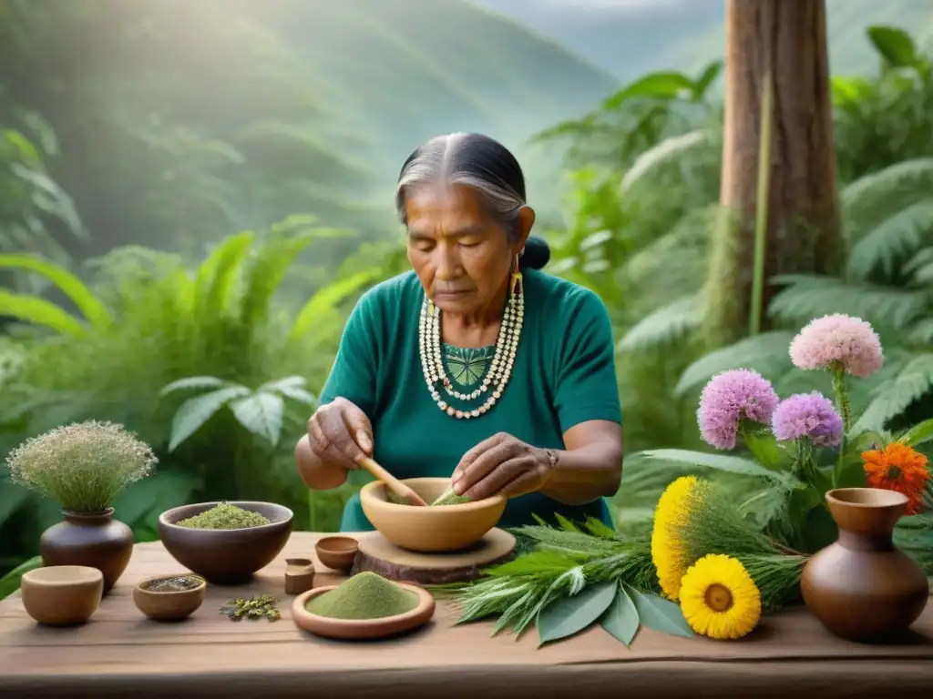 Anciano indígena preparando plantas medicinales en el bosque