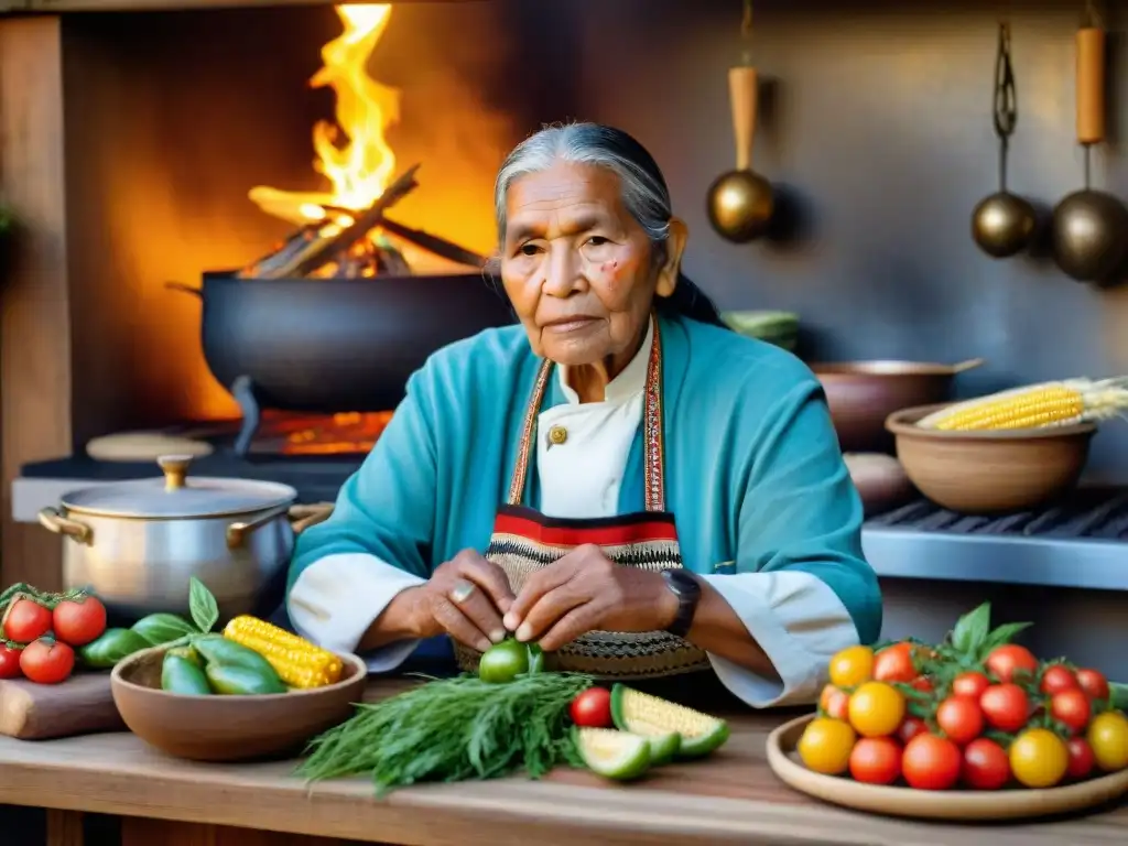 Un anciano indígena preparando un platillo tradicional rodeado de ingredientes frescos y coloridos en una cocina rústica