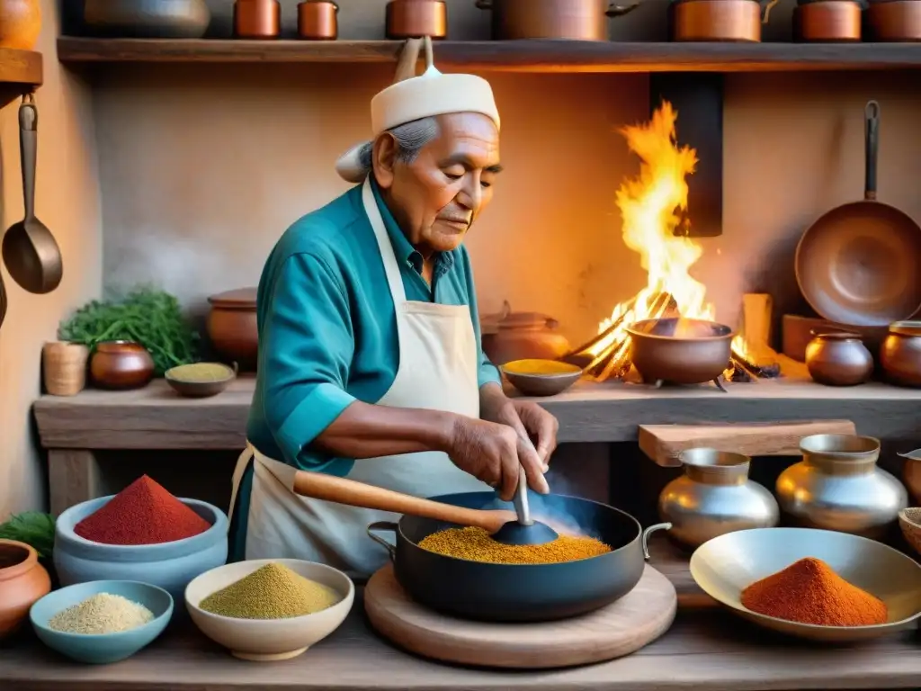 Un anciano indígena preparando un platillo tradicional, rodeado de especias y utensilios de cocina, en una cocina rústica con ollas burbujeantes sobre llamas abiertas