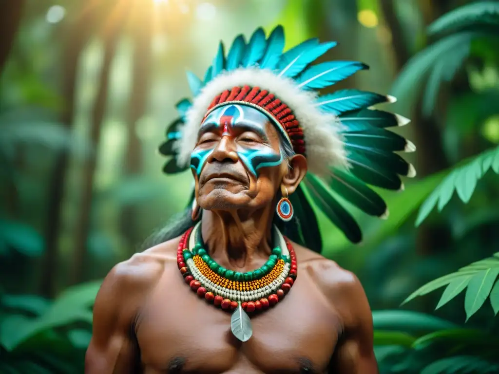 Un anciano chamán indígena, con plumas y cuentas coloridas, se conecta con la naturaleza en un claro del bosque