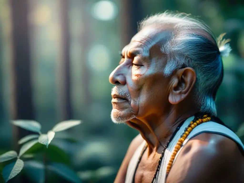 Un anciano indígena en profunda meditación en el bosque, iluminado por un rayo de sol