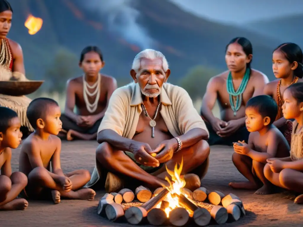 Un anciano indígena con rasgos marcados y mirada profunda, sentado junto a una fogata bajo un cielo estrellado