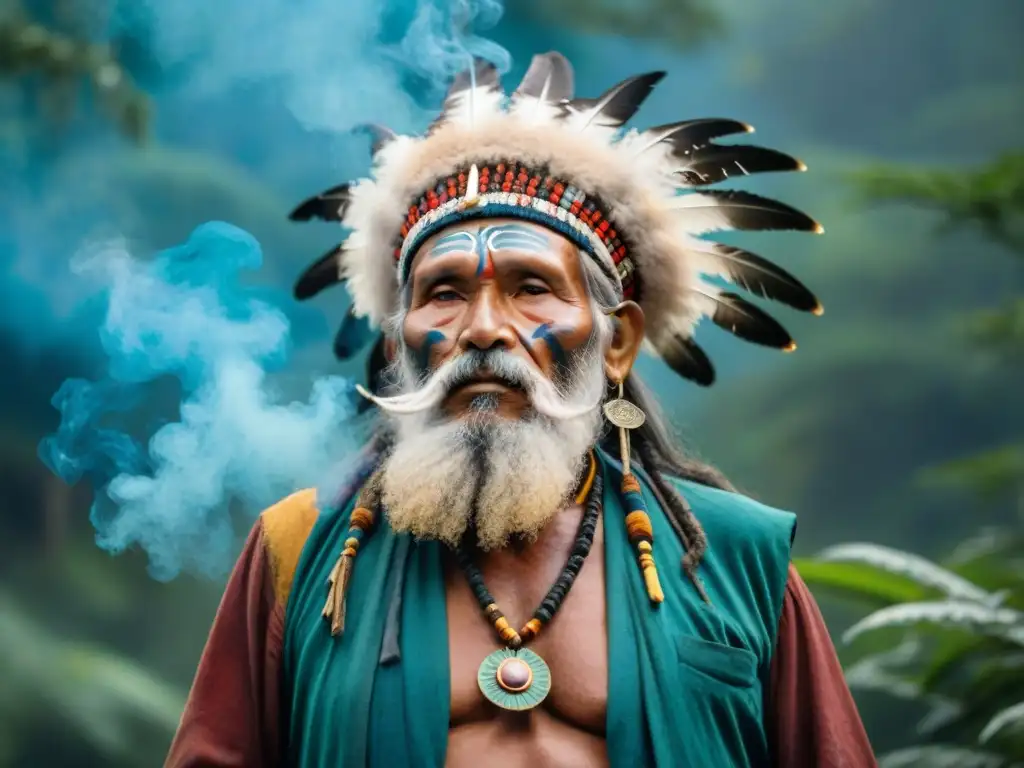 Un anciano chamán indígena, con rasgos marcados y barba gris, viste ropas coloridas y tocado de plumas