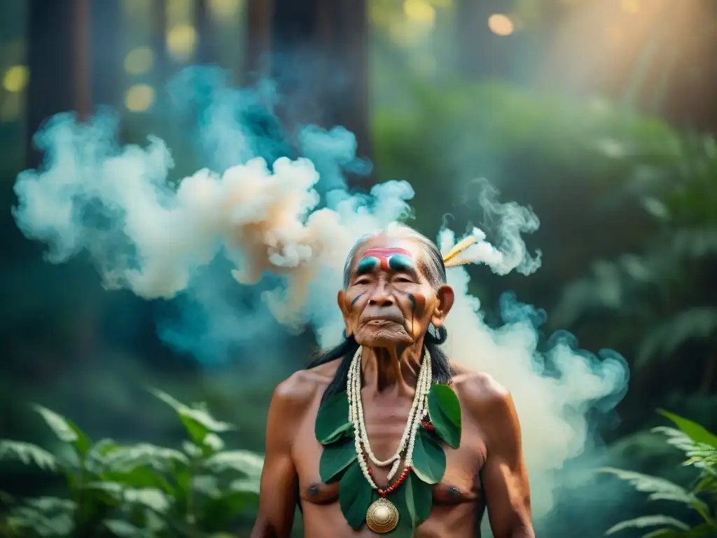 Anciano indígena realiza ritual de limpieza espiritual entre humo de hierbas sagradas en bosque