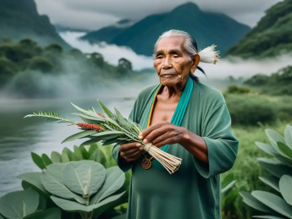 Un anciano indígena realiza un ritual de reciprocidad con la tierra, rodeado de vegetación exuberante y agua cristalina