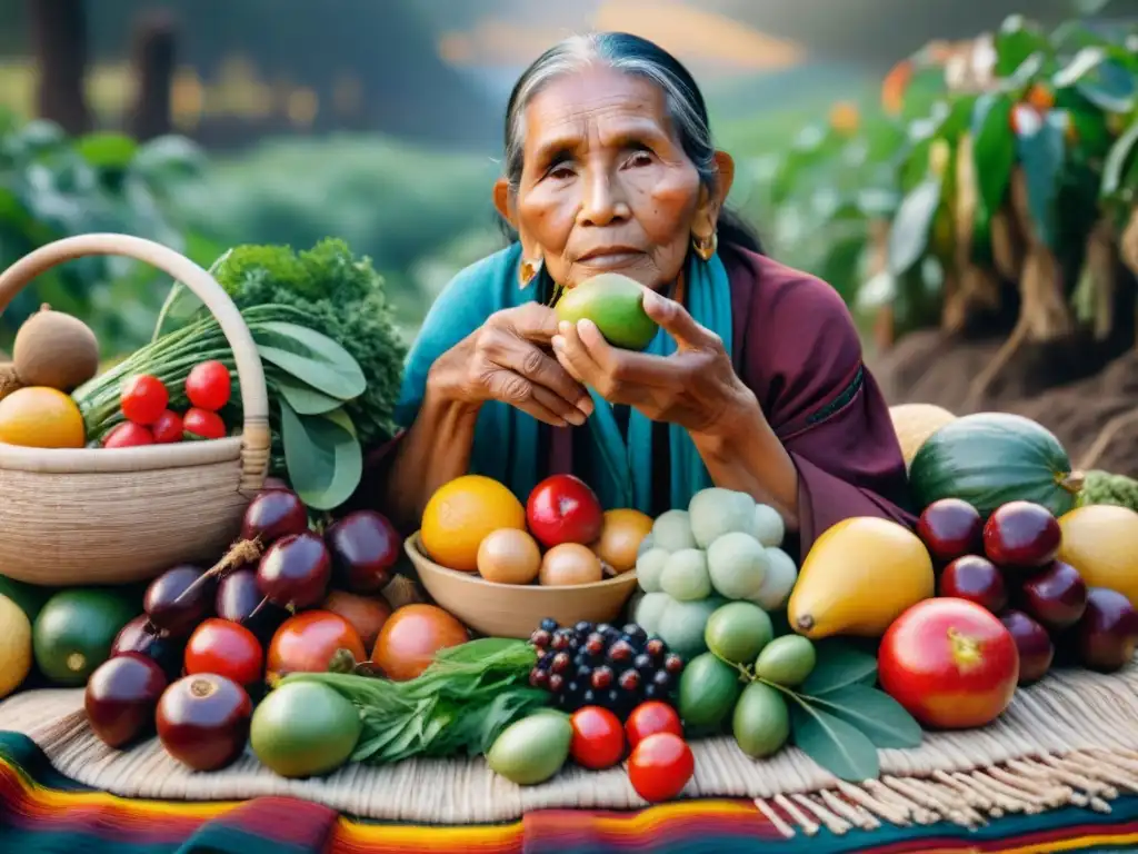 Anciano indígena rodeado de frutas, verduras y hierbas, reflejando la conexión entre la dieta tradicional indígena y el bienestar espiritual