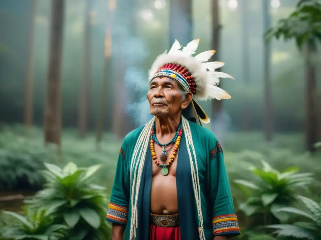 Un anciano chamán indígena, rodeado de jóvenes, realiza un ritual sagrado en un claro del bosque