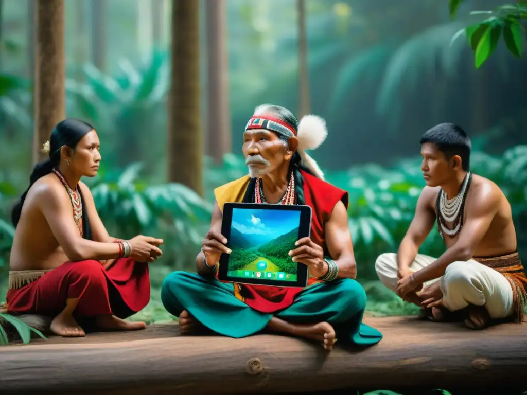 Un anciano indígena, rodeado de miembros jóvenes de la tribu, muestra un mapa digital en una tablet mientras cuenta historias en un claro del bosque