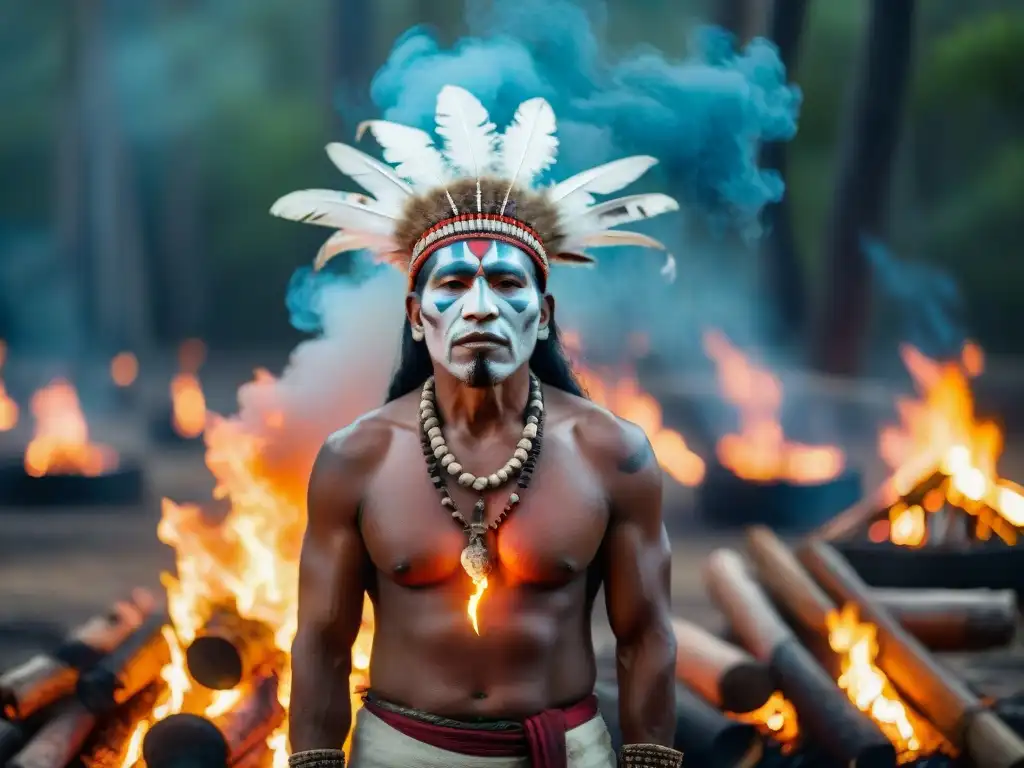 El anciano chamán indígena, rodeado de su tribu, lidera una ceremonia sagrada junto a un fogata ardiente en el bosque al atardecer