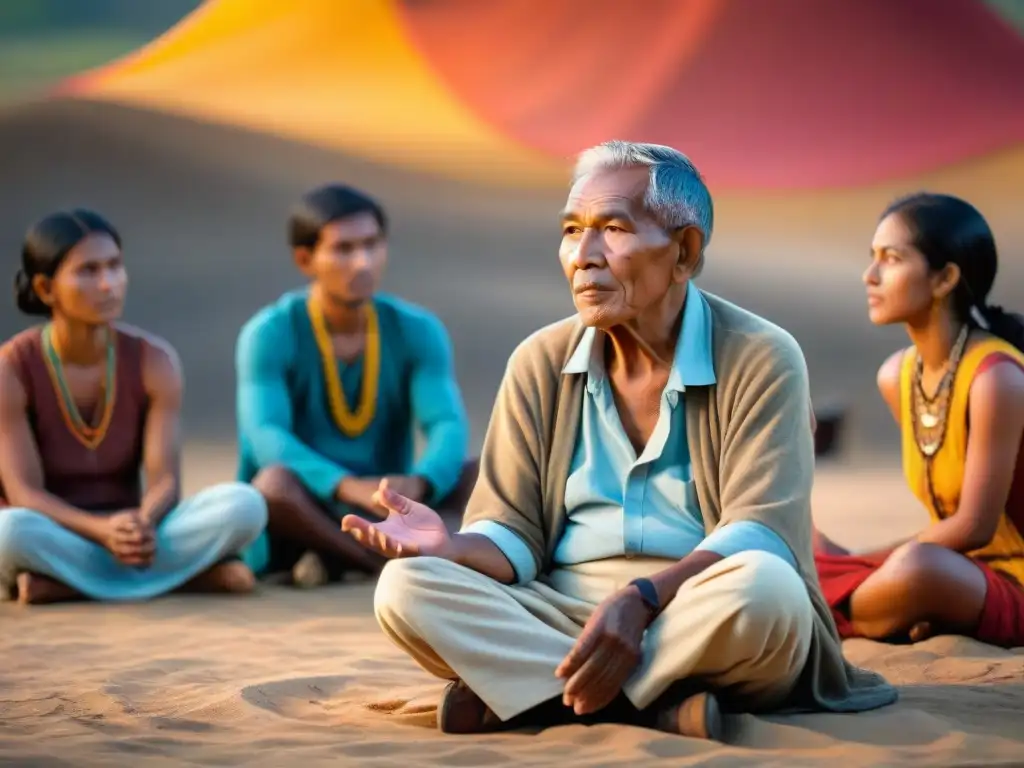 Anciano indígena comparte sabiduría ancestral con jóvenes en aldea tradicional al atardecer