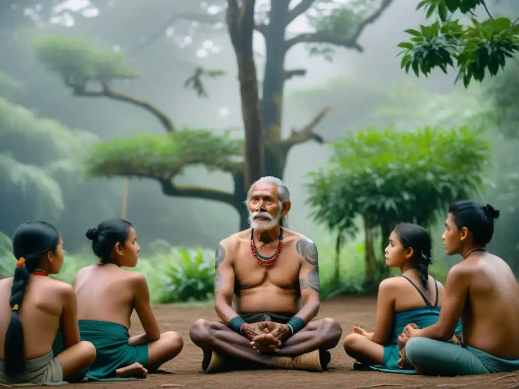 Un anciano indígena comparte sabiduría ancestral con jóvenes estudiantes bajo un árbol