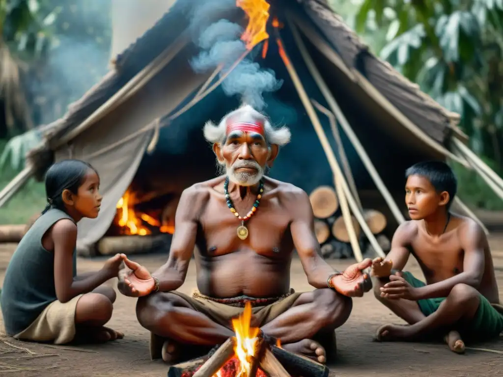 Anciano indígena comparte sabiduría ancestral con niños, resaltando la importancia de preservar la cultura indígena