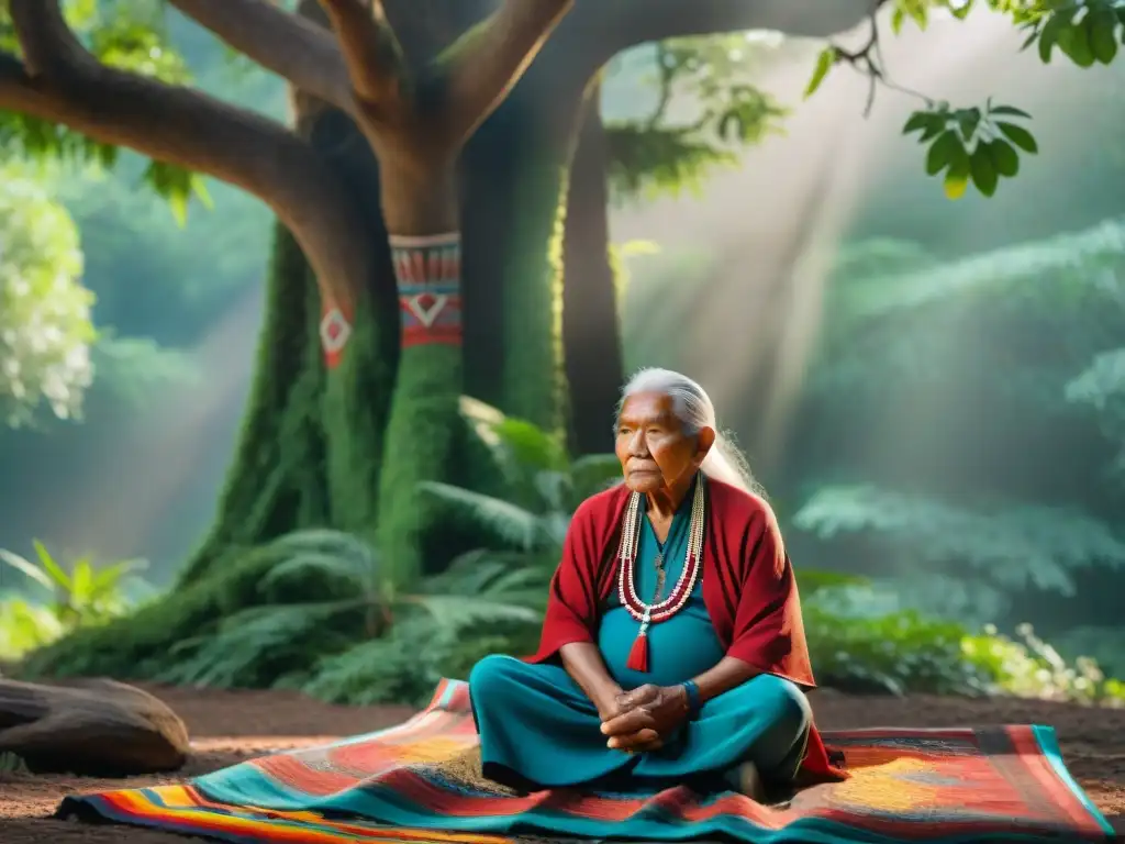 Un anciano indígena comparte sabiduría con jóvenes bajo un árbol en un bosque, representando la unión y la resiliencia de los pueblos indígenas