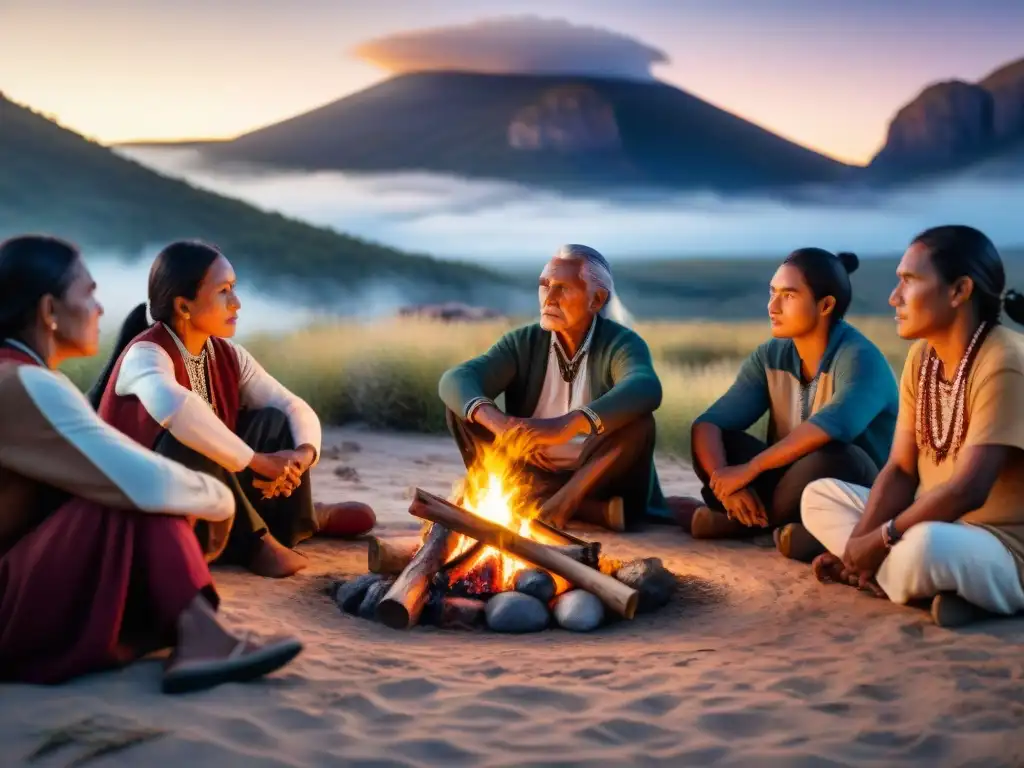 Un anciano indígena comparte sabiduría junto al fuego con jóvenes de su tribu en una noche estrellada