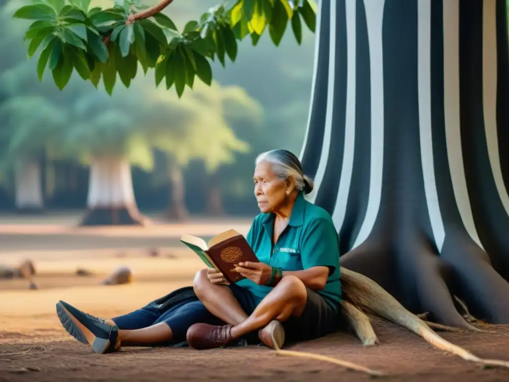 Un anciano indígena comparte sabiduría con niños bajo un árbol, simbolizando la protección de los derechos lingüísticos indígenas