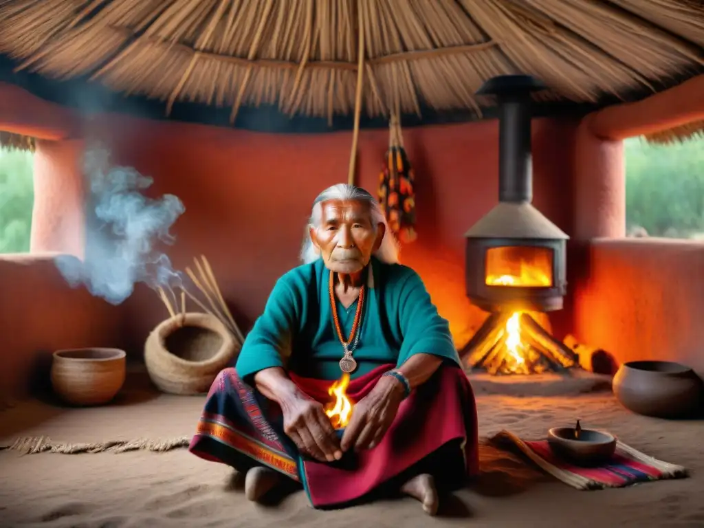 Un anciano indígena sabio, con atuendo tradicional colorido, junto al fuego en una choza de adobe iluminada